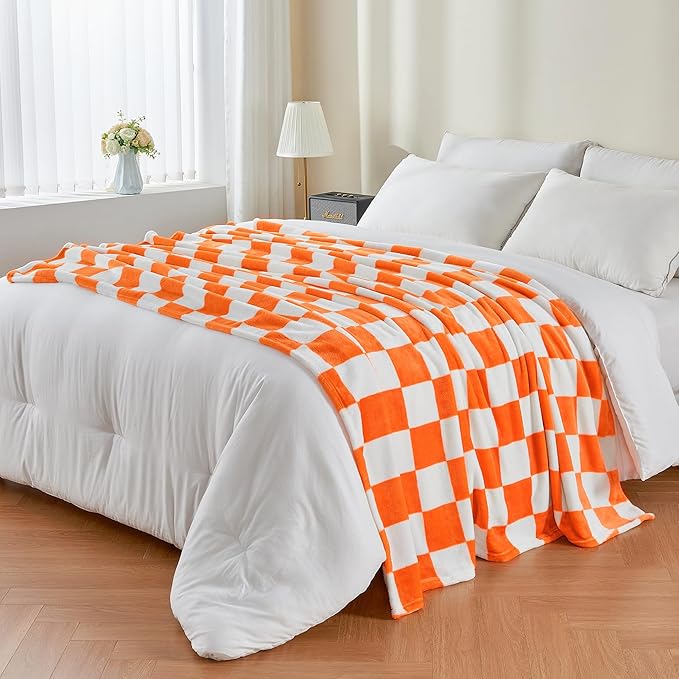 BEDELITE Checkered Throw Blanket for Couch, Soft & Cozy Fleece Flannel Blanket with Checkerboard Grid Home Decor, Checkered Orange Tennessee Blanket, 50x60 Inches