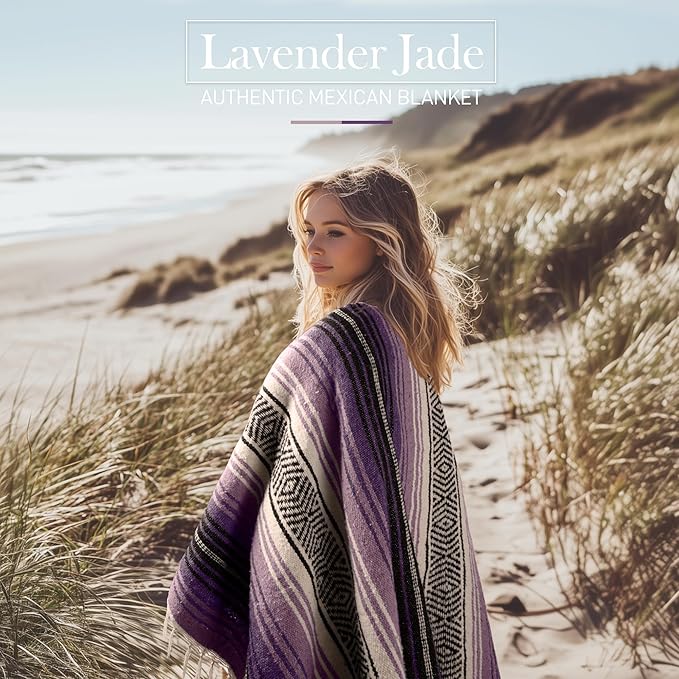 Hydration Nation Authentic Large Handwoven Mexican Blanket - Soft Yoga- Durable Serape- Lightweight Falsa, Beach, Camping, Picnic, Outdoor Blanket 70"x50" - Lavender Jade
