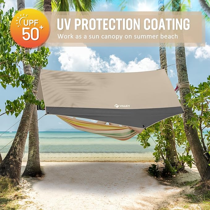 VILLEY Camping Tarps for Tents, Portable Waterproof Hammock Rain Fly, Easy Set Up Camping Shelter Sunshade Canopy for Outdoor Fishing, Backpacking, Hiking, Survival Gear- Heptagonal, Khaki