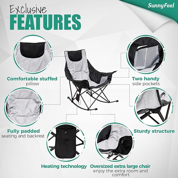SUNNYFEEL Oversized Heated Rocking Camping Chair, Fully Padded Patio Chair with Side Pocket, High Back Portable Lawn Recliner with Carry Bag, Outdoor Rocker Camp Chair for Adults Heavy Duty 500 LBS