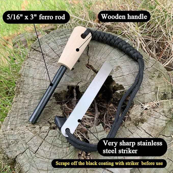 Flint and Steel Fire Starter Kit, Ferro Rods Magnesium Fire Starter Survival Tool Camping Emergency Fire Lightning Striker, Tinder Wick Rope, Multifunctional Outdoor Bag