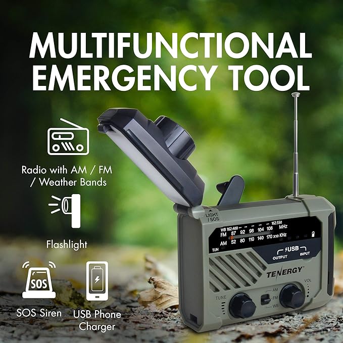 Tenergy Multifunctional Hand Crank Weather Radio with LED Flashlights, SOS Alarm, Cell Phone Charger, AM/FM/NOAA Radio Frequencies, Ideal for Emergencies
