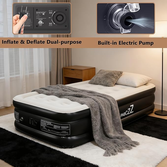 air Mattress, 18-inch Thickened Twin air Mattress, Suitable for Home use, Camping and Travel, Features Quick Inflation and deflation to Save You time（Black）