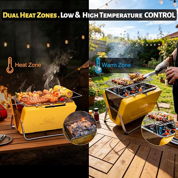 Ranger Portable Charcoal Grill – Compact Lunchbox‑Style Folding BBQ for Camping & Beach| Dual‑Zone Heating, Stainless Steel Body, 3-sec Setup, Includes Tong & Cleaning Brush, Serve 2-3 people