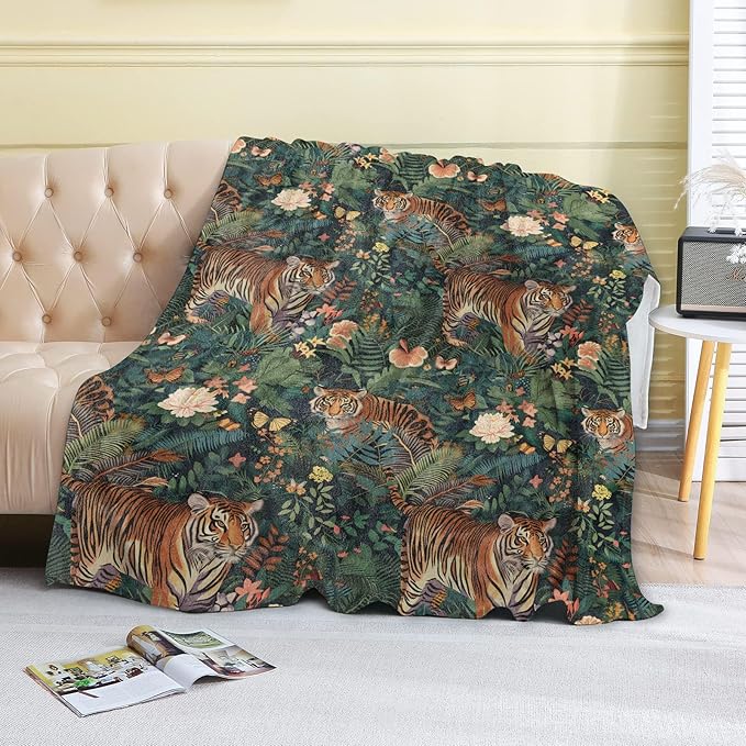 Jungle Tiger Fleece Blanket - 50x60in Exotic Flower Majestic Lush Throw Blankets,Soft Cozy Lightweight, Ideal for Living Room Home Rustic Decor and Kids Women Girls Spring Gifts