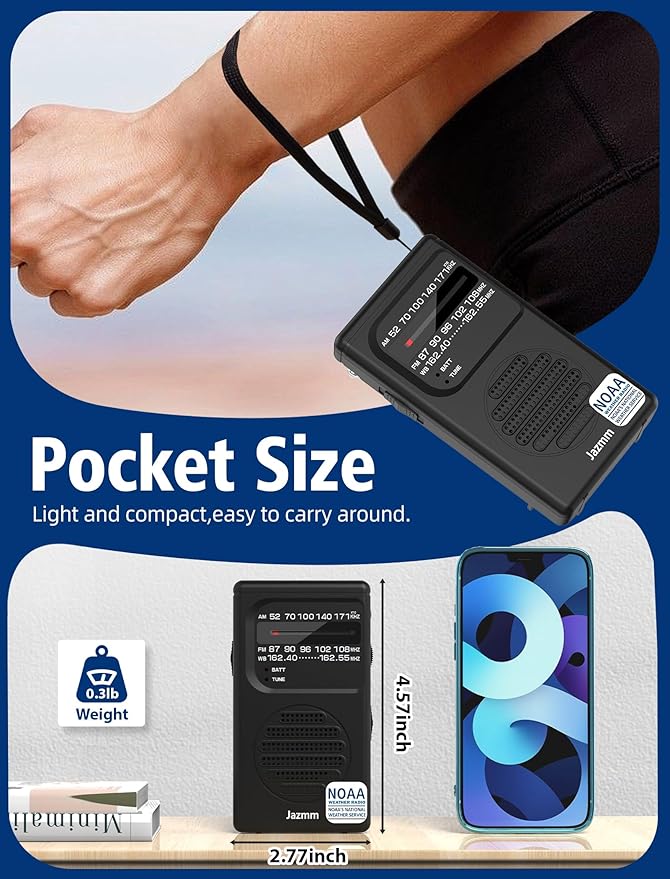 Pocket NOAA Weather Radio,Portable AM FM Battery Operated Radio with 3W Speaker,Transistor with Best Reception,Back Clip,Flashlight,Earphone Jack,Powered by 2 AA Battery for Emergency