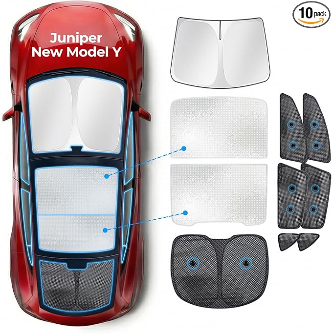 10 Pack Roof Sunshade & Full Window Shades [with Secure Suction Cups] for 2025–2026 Tesla Model Y Juniper, Sunroof Windshield Side Window Rear Covers, Heat-Blocking Privacy Shades for Camping