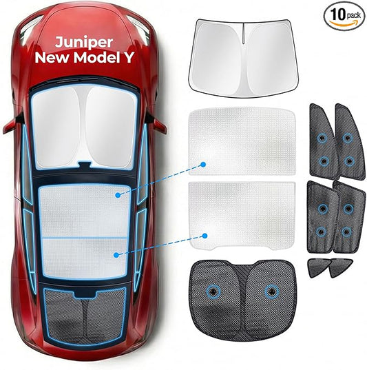 10 Pack Roof Sunshade & Full Window Shades [with Secure Suction Cups] for 2025–2026 Tesla Model Y Juniper, Sunroof Windshield Side Window Rear Covers, Heat-Blocking Privacy Shades for Camping