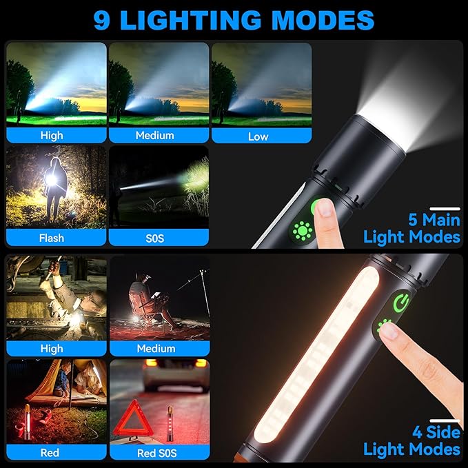 ADDplus Magnetic Flashlight Rechargeable,2000LM 5000mAh Flashlights High Lumens with 9 Modes,Waterproof, Adjustable,Powerful Flash Light,Multi-Flashlights for Home,Car,Hiking,Camping (2, Black)