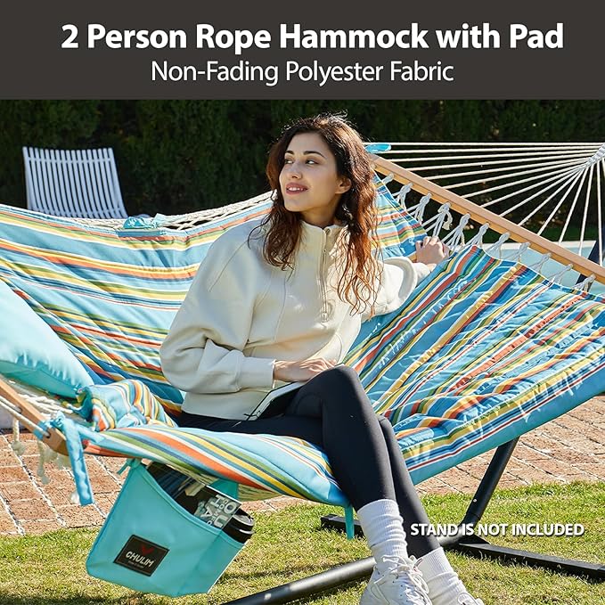 CHULIM Outdoor Double Hammock with Hardwood Spreader Bars, Large Rope Hammock with Polyester Pad and Pillow, 475 LBS Capacity for 2 Person Patio Backyard Poolside - Bule Stripe