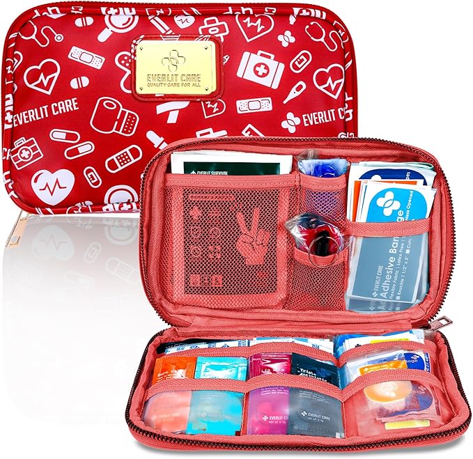 EVERLIT CARE Car First Aid Kit with Emergency Supplies Survival Gear Including Window Breaker Disposable Urine Bag Mountable Survival Kit for Family Travel in Car (RedMed)