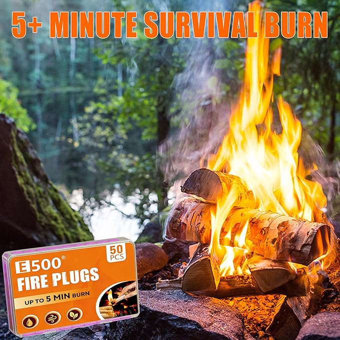 E500 Fire Plugs Emergency Fire Starters, 50 Count Waterproof Fire Plugs for Survival Kits, Power Outages, Camping & Outdoor Use