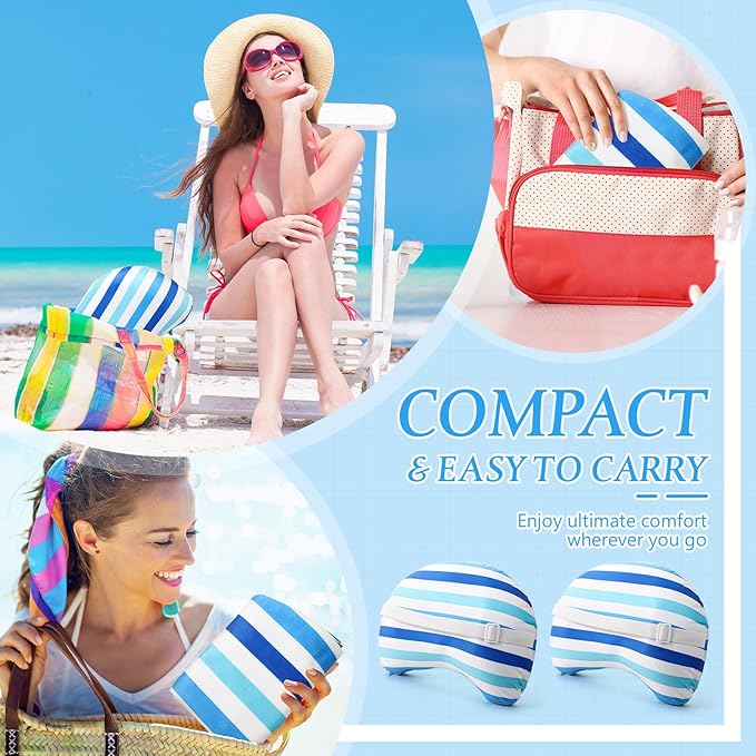 Yaomiao Inflatable Beach Pillow 17"x10" with Removable Cover, Beach Chair Stripe Backpacking Pillow with Strap for Summer Sand Pools Travel Vacations Pools Camping