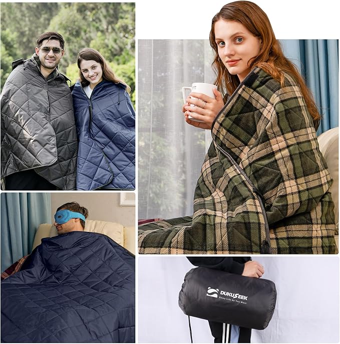 DUKUSEEK Hooded Outdoor Blanket, Extra Large 79" x 59" Waterproof Camping Blanket, Quilted, Thick Fleece, Warm, Windproof, Sand Proof, Portable and Wear-Resistant, Perfect for Stadium, Picnic