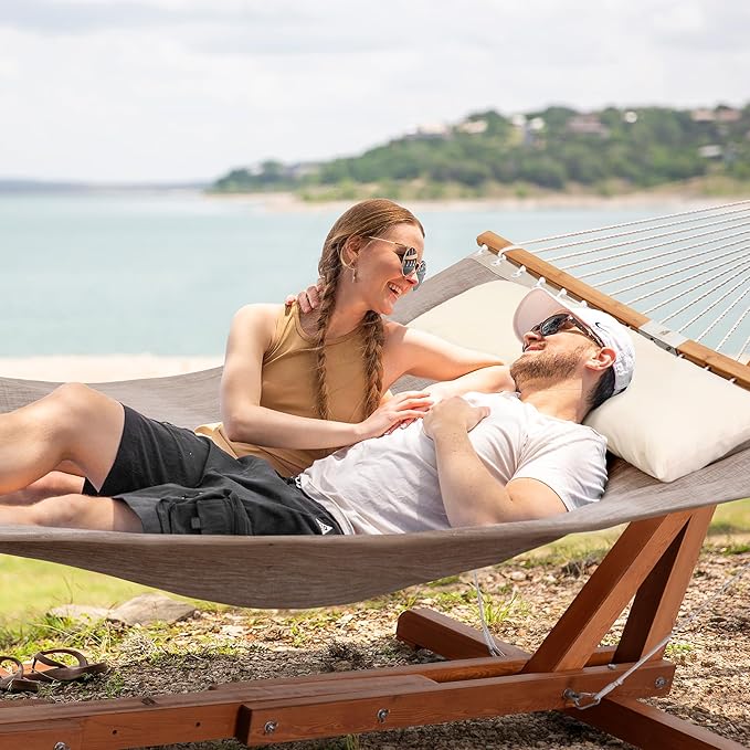 SUNCREAT Hammocks for Outside, 2 Person Outdoor Quick Dry Hammock with Adjustable Wooden Stand, Coffee