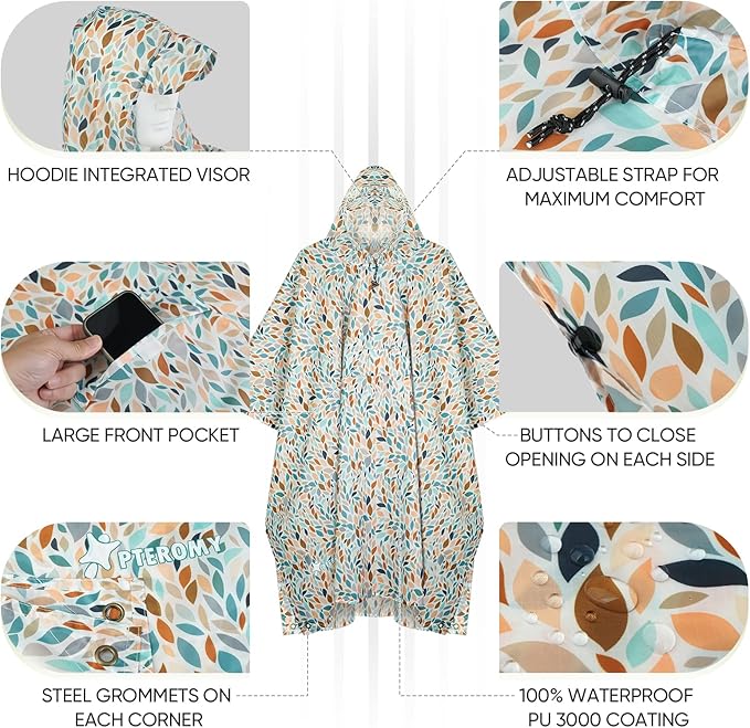 PTEROMY 3-in-1 Hooded Rain Poncho for Adult with Pocket, Waterproof Lightweight Unisex Raincoat for Hiking Camping Emergency
