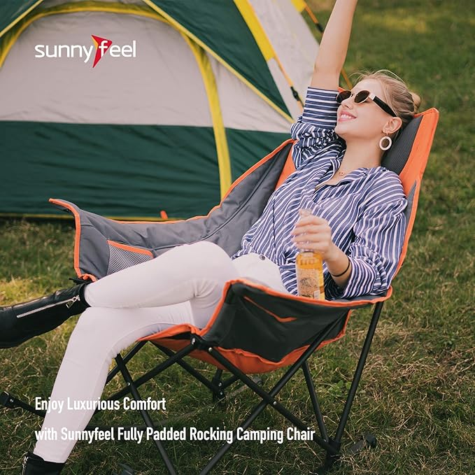 SUNNYFEEL Oversized Rocking Camping Chair 2 Pack, Fully Padded Patio Chair with Side Pocket, High Back Portable Lawn Recliner with Carry Bag, Outdoor Rocker Camp Chairs for Adults Heavy Duty 500 LBS