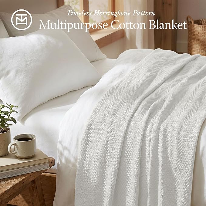 Threadmill Luxury Cotton Blankets for King Size Bed | All-Season Cozy 100% Cotton King Size Blanket | Herringbone Soft Fall Thermal Blanket fits Cal King Size Bed | Tusk White