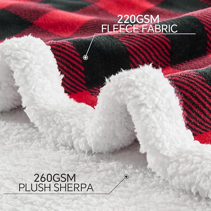 BEDELITE Sherpa Fleece Blankets King Size - Black and Red Buffalo Plaid Christmas Blanket, Super Soft Cozy Warm Thick Winter Blanket for Couch and Bed, 108" x 90"