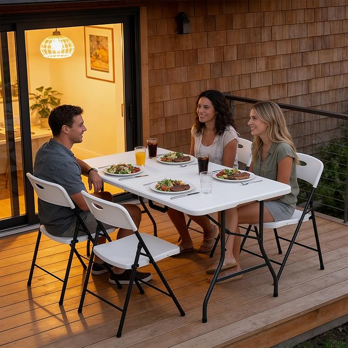 Folding Table, 5FT Foldable Picnic Table with Carrying Handle, Heavy Duty Fold-in-Half Portable Table for Weddings, Camping, RV Travel, Parties, BBQs, and Indoor Use, Easy to Fold and Store, White