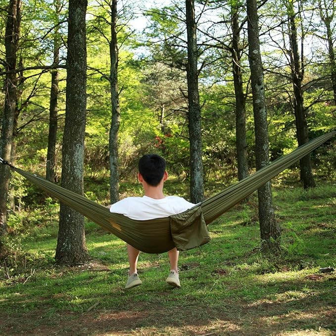Camping Hammock, Double & Single Portable Hammock with Tree Straps, Lightweight Nylon Hammock Swing Set with Net and Rain Fly Tarp and Pocket for Backpacking Hiking Travel Outdoor(ArmyGreen1)