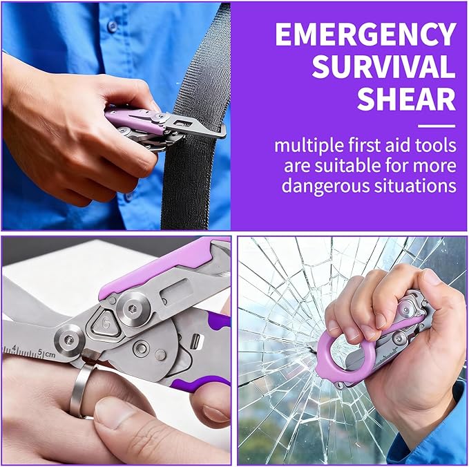 Folding Trauma Shears for EMT Accessories, 6 in 1 Multi-function Medical Shears with Holster for Outdoor Camping, Emergency Rescue, First Responders (Purple)