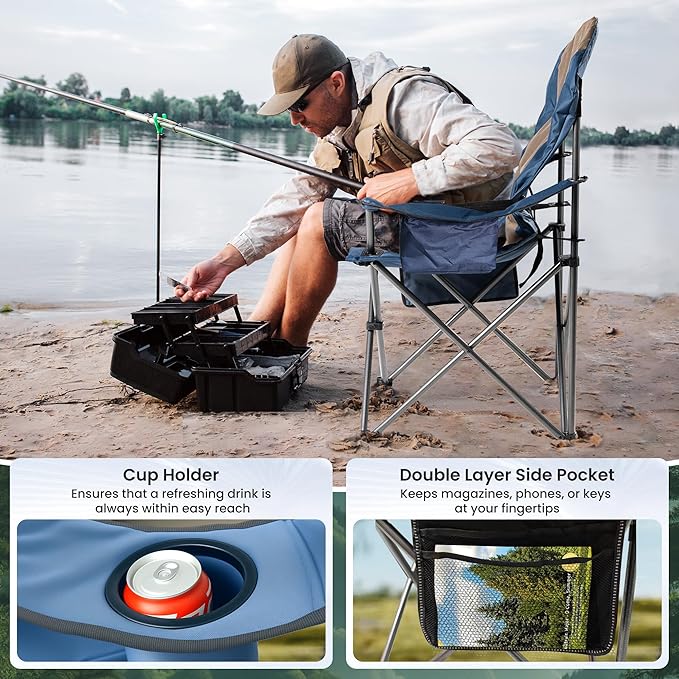 Oversized Camping Chair Heavy Duty- Portable Folding Chair, Cup Holder & Waterproof Phone Case for Adults, Beach, Hiking, Backyard (Blue & Brown, 2 PCS)