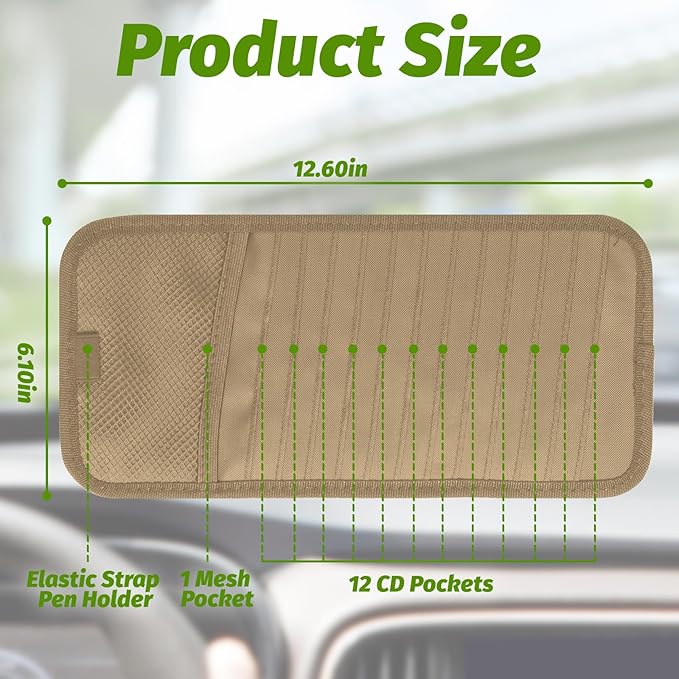 Car CD & DVD Holder - Large Capacity CD Visor Case, Vehicle Visor Storage Organizer with 12 Disc Sleeves, 1 Mesh Pocket 1 Pen Holder and & Elastic Band (Khaki)
