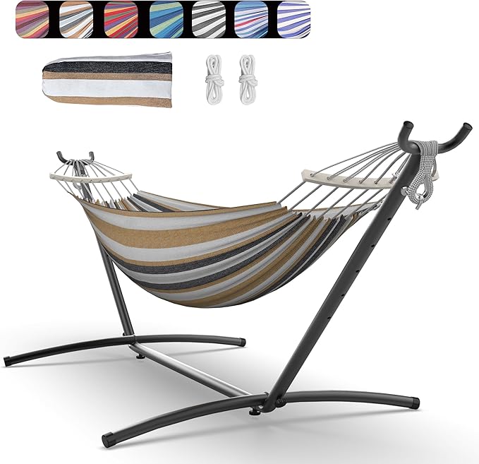 Everyfun Double Hammock with Space-Saving Steel Stand, 2 Person Heavy-Duty Hammock for Garden, Yard or Outdoor, 600lbs Capacity, Coffee
