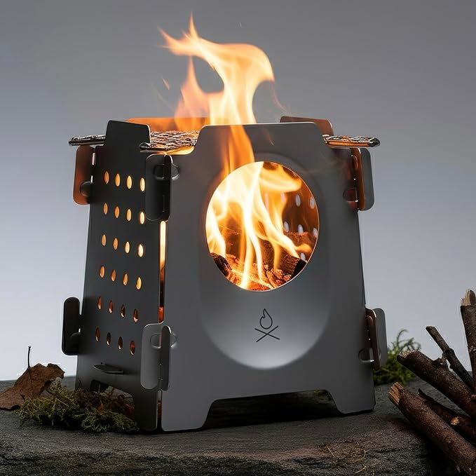 Überleben | Stöker Wood Burning Camping Stove – 18oz Flatpack Stainless Steel Wood Stove for Backpacking, Hiking & Outdoor Cooking – Portable, Folding Camping Essentials (Bead-Blasted)