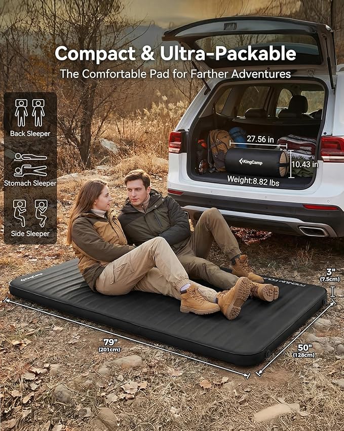 KingCamp PREMIUM DOUBLE Self Inflating Sleeping Pad with Air Pump, 7.5 R-Value Air & Foam Camping Mattress 2 Person, 3" Thick Full Size Double Insulated Sleeping Pad for Car Camp Tent, PVC Free, Black