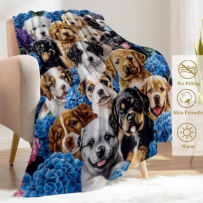 Cute Puppy Fleece Blanket - Lightweight Soft Cozy Gifts Throw for Dog Lovers,Women,Adult,Blue and Purple Flower Pet Blankets,Home Room Modern Artistic Decor 60x80in