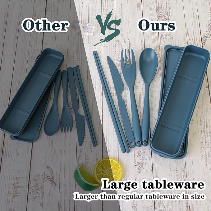 Large Reusable Travel Utensils Set with Case, Plastic Set for Adults Travel Picnic Camping, Portable Flatware Cutlery Set with Chopsticks for Daily Use(Dark Blue)