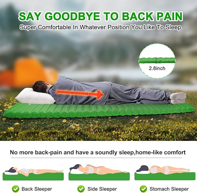 Camping Sleeping Pad, Ultralight Waterproof Inflatable Sleeping Mat with Inflation Bag, Lightweight Portable Compact Air Mattress for Outdoor Backpacking Hiking Traveling Tent Use (Single, Green)