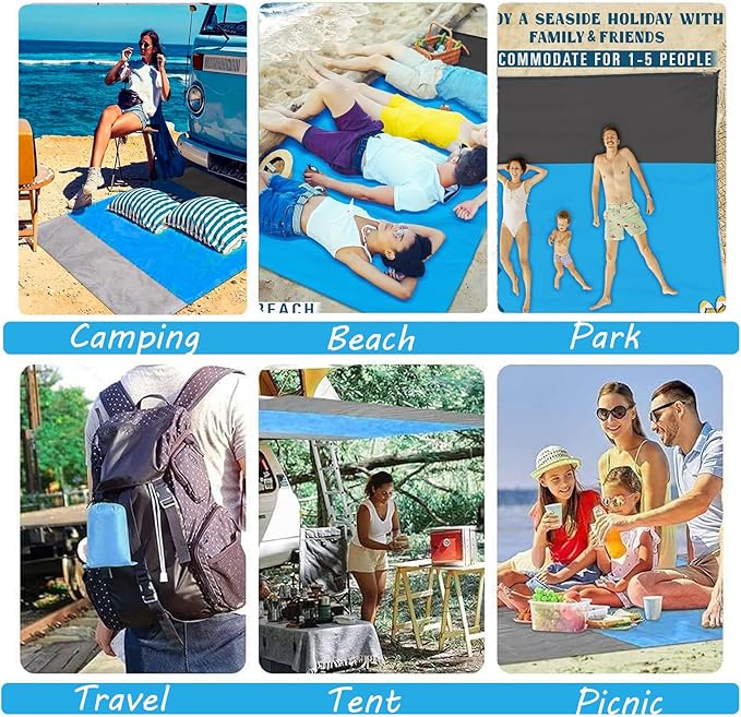 Beach Blanket Sandproof Waterproof, Beach Essentials Extra Large Beach Mat, 79" x 55" Oversized Durable Outdoor Picnic Mat Storage Bag for 1-4 Adults, Beach Accessories for Travel, Camping, Hiking