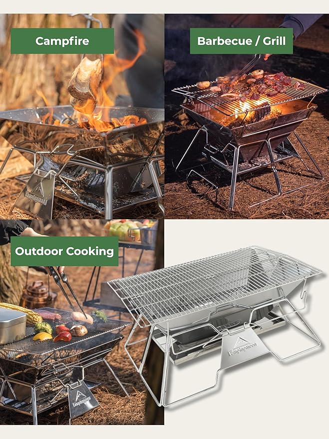 CAMPINGMOON Large Portable Campfire Fire Pit BBQ Grill Stainless Steel Foldable Collapsible Wood Burning Charcoal Grill for Heavy Duty Outdoor Cooking RV Camping, 20x13-inch, Carry Bag included MT-3