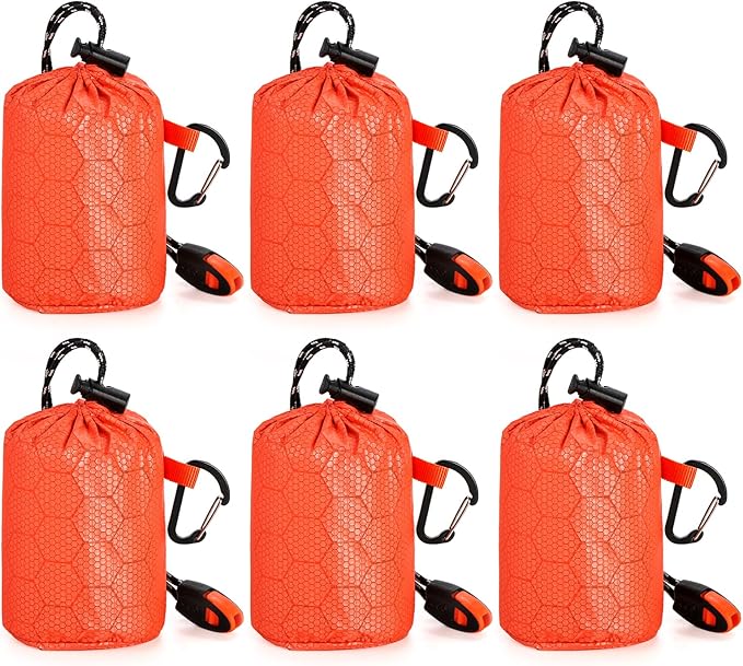 Noamus 6 Pack Emergency Survival Sleeping Bags, Thermal Bivy Sack Blanket, Lightweight Portable Nylon Sack with Whistle, Aluminized PE Survival Gear Supplies for Camping Hiking, Outdoor Adventure