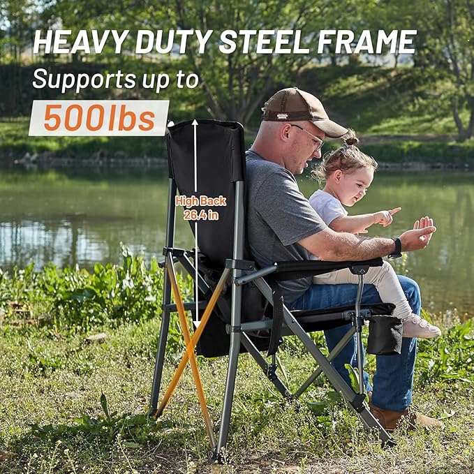 TIMBER RIDGE Oversized Folding Camping Chair with Lumbar Support Adjustable High Back Heavy Duty for Adults Aluminum Support up to 500lbs with Cup Holder, Cooler Bag, Side Pocket