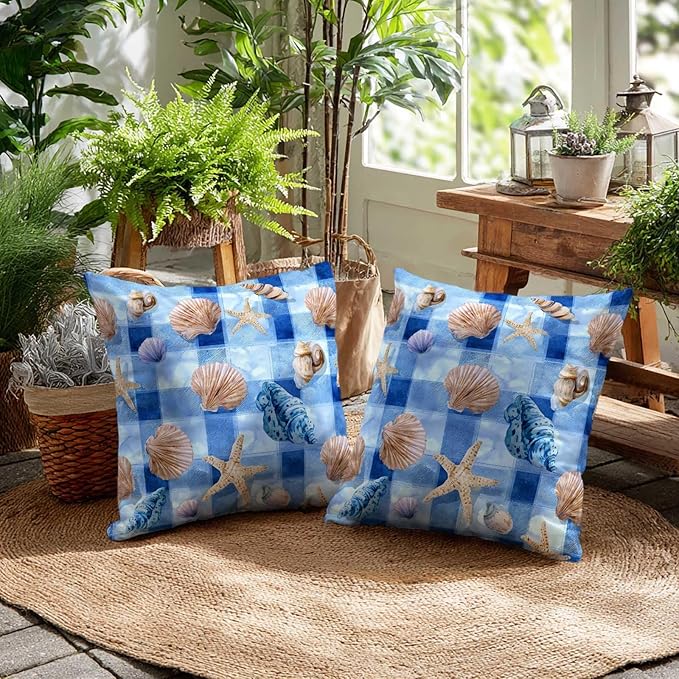 Coastal Throw Pillow Covers 18x18 Set of 2 | Blue Ocean Shell Starfish Cushion Covers | Beach Gingham Decorative Pillow Cases for Couch Sofa Living Room Bedroom