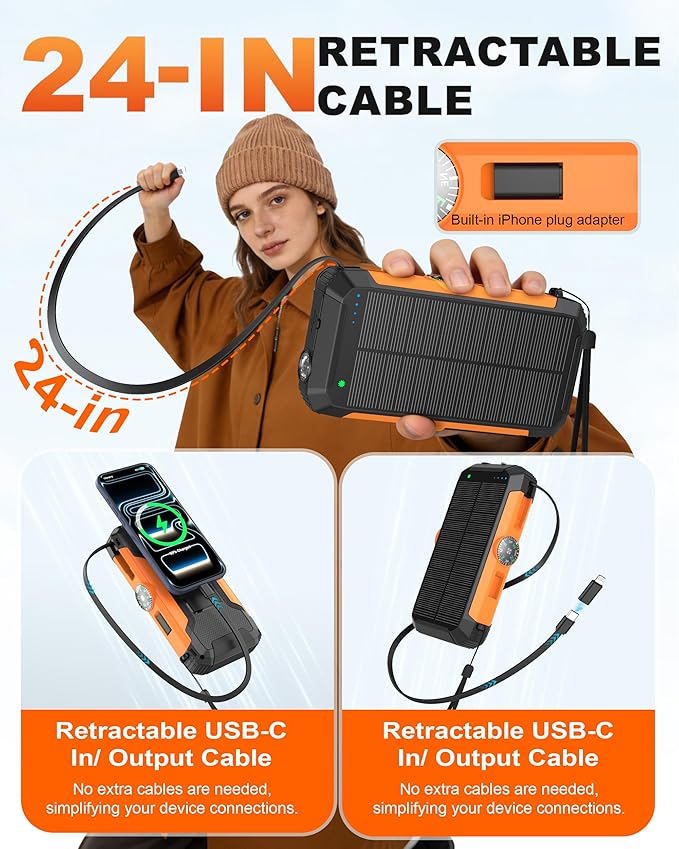 Solar Power Bank with Hand Crank and Retractable Cables, 20000mAh Wireless Portable Charger with USB-C & Camping Light, 25W Fast Charging Battery Pack for iPhone, iPad, Samsung, All Mobile Phones