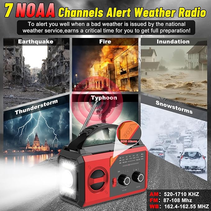 30000mAh Emergency Radio with NOAA Weather Alert, Emergency Hand Crank Weather Radio Portable AM/FM/NOAA Solar Radio with Compass SOS&Flashlight for Survival and Camping/Home (Red-30000mAh)