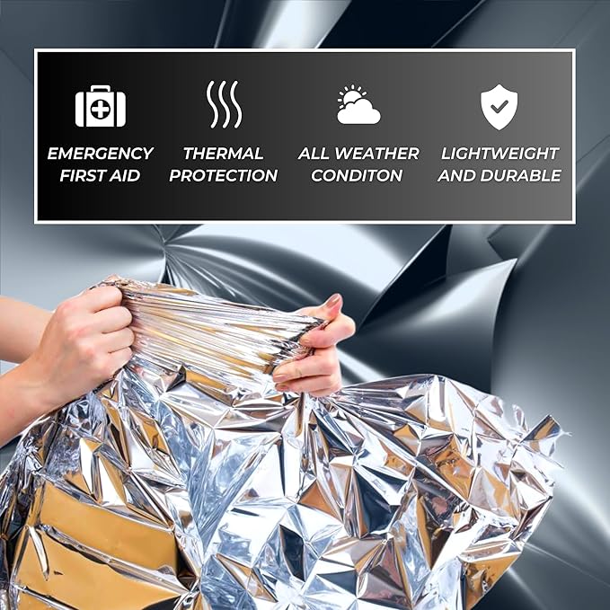 Emergency Mylar Foil Blanket 50-PACK - Extra Large 84" x 64" - Thermal Reflective Covers for Camping, First Aid and Far Infrared Sauna - Survival Prep Gear, Waterproof, Windproof, Lightweight