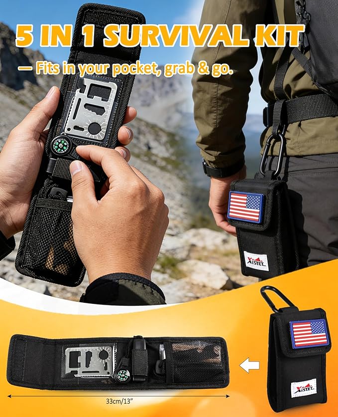 Fire Starter Kit 5 in 1 Survival Gear, Flint and Steel Fire Starter Kit with Ferro Rod, Emergency Whistle, Credit Card Multitool, Compass & Waterproof Tinder for Outdoor, Camping, Hiking, Gift for Men