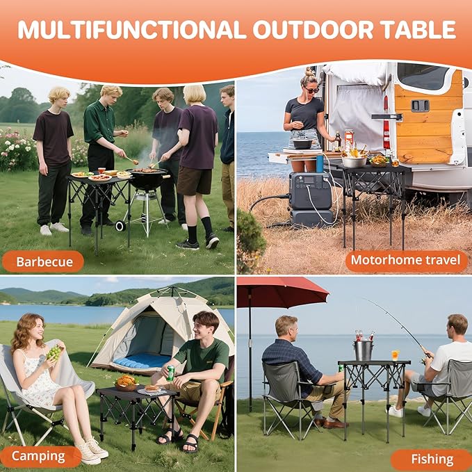 FUNYKICH Folding Camping Table(L19.9''xW16.1''), Aluminum Roll-up Portable Picnic Table with 2 Adjustable Height(17.3'' & 27.6'') for Picnic, Camping, BBQ, Party, Backyard, Beach