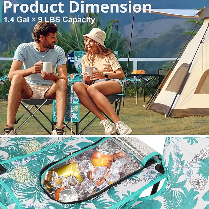 Outvita Folding Double Camping Chair w/Umbrella Beverage Holder Carrying Bag Cooler Fold Up Table, Large Bearing Capacity for Beach Patio Pool Park Outdoor Coconut Tree Pattern