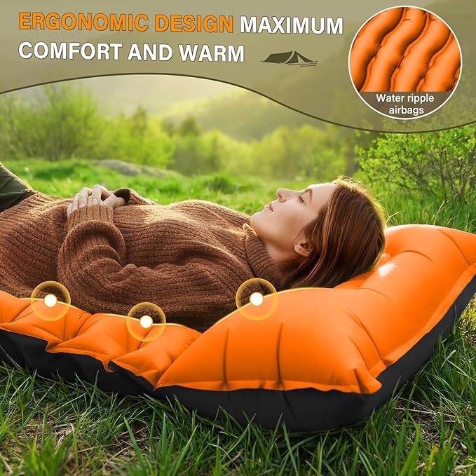 FUN PAC Camping Sleeping Pad, Ultralight Camping Pad with Pillow Built-in Foot Pump Inflatable Sleeping Pads Compact for Camping Backpacking Hiking Traveling - Orange