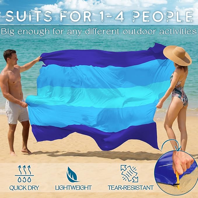 BYDOLL Beach Blanket 78''×81'' 4-7 Adults Oversized Lightweight Waterproof Sandproof Beach Blanket Large Picnic Mat for Travel Camping Hiking Picnic(78" X 81", Blue-Mixed)