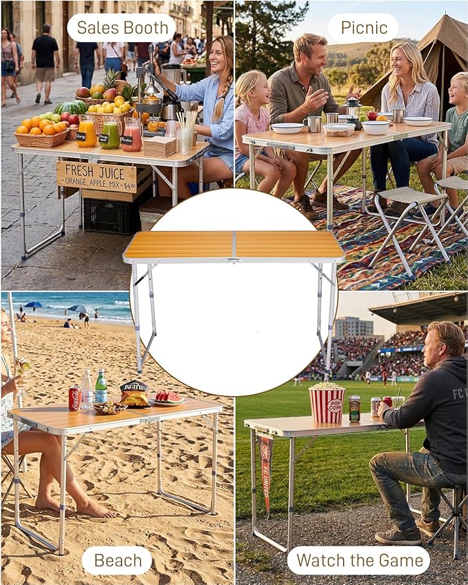 Outvita 4ft Portable Folding Camping Table, Outdoor Waterproof Adjustable Height Table, Aluminum Lightweight Suitcase Foldable Table for Picnic BBQ Beach Dining