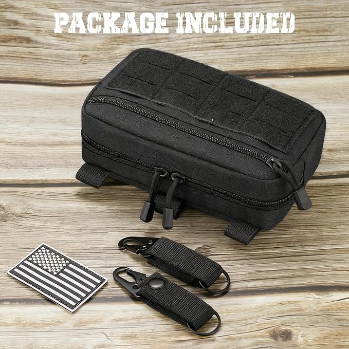 Tactical Molle Admin Pouch with 2 Keychains & US Flag Patch - Laser Cut EDC Modular Pouch for Outdoor, Survival, Daily Carry