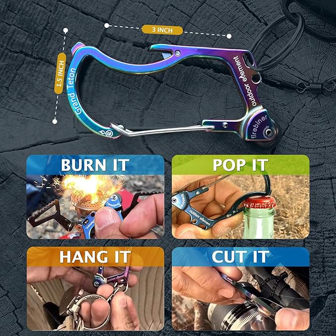 OUTDOOR ELEMENT Firebiner Custom Engraved 6-in-1 Fire Starter Carabiner Multitool – Survival Gear EDC Keychain with Utility Blade, Bottle Opener, Screwdriver, Emergency Tool